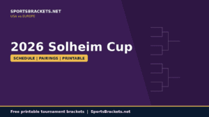 Banner promoting the 2026 Solheim Cup on SportsBrackets.net with large '2026 Solheim Cup' text, a yellow 'Schedule | Pairings | Printable' badge, and a right-side bracket graphic on purple background.