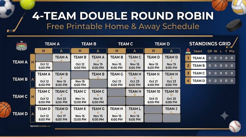 4 Team Double Round Robin - Sports Brackets 4-Team Double Round Robin Schedule: Free Printable PDF