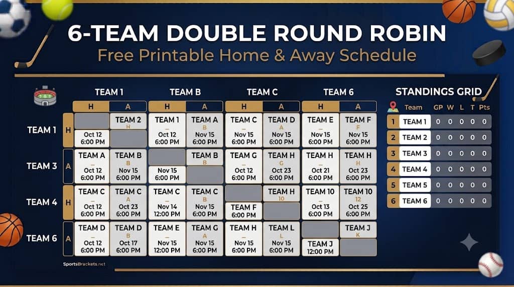 6 Team Double Round Robin - Sports Brackets 6-Team Double Round Robin Schedule: Free Printable PDF