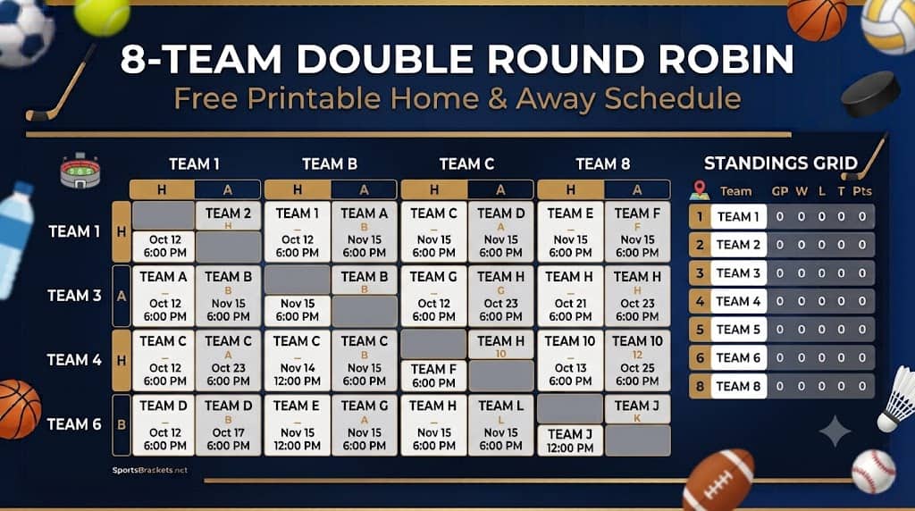 8 Team Double Round Robin - Sports Brackets 8-Team Double Round Robin Schedule: Free Printable PDF