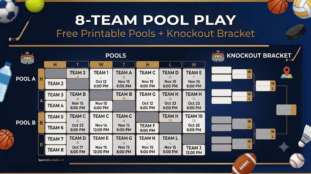 8 Team Pool Play - Sports Brackets 8-Team Pool Play Tournament Bracket: Free Printable PDF