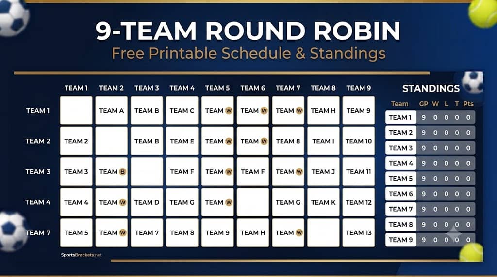 9-Team Round Robin Schedule: Free Printable PDF
