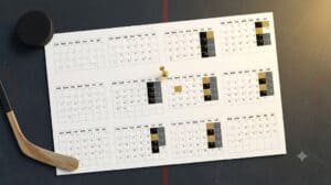 Top-down view of a desk calendar sheet showing twelve monthly grids arranged in a 3x4 layout, with a yellow pushpin marking one month; a wooden spoon and a black round cap sit on a dark surface nearby.
