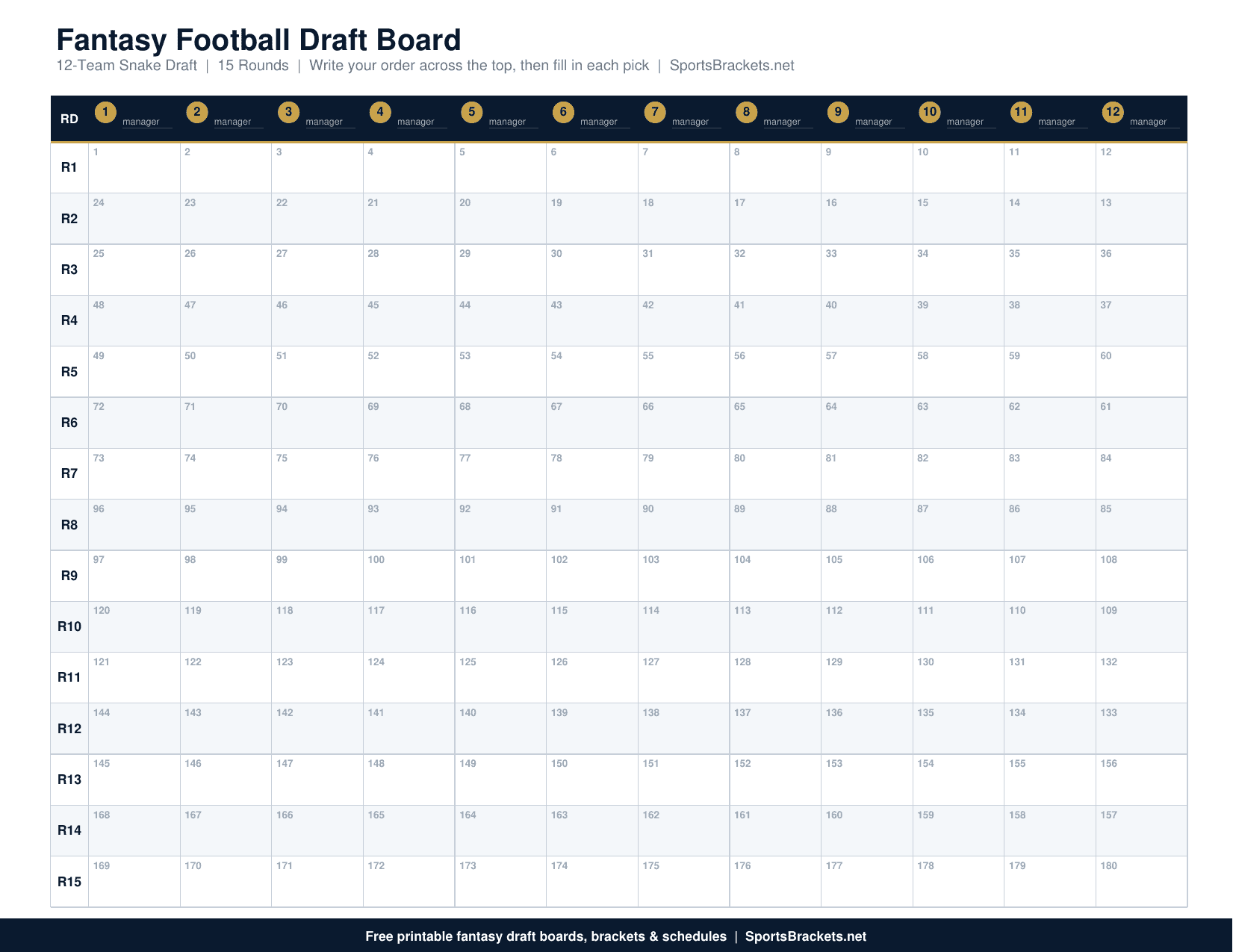 Printable fantasy football draft board snake grid PDF