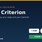 Hero banner for a Kelly Criterion sports betting calculator with +150 and 55% panels and a green 'STAKE SIZED' button; SportsBrackets.net logo bottom-left.