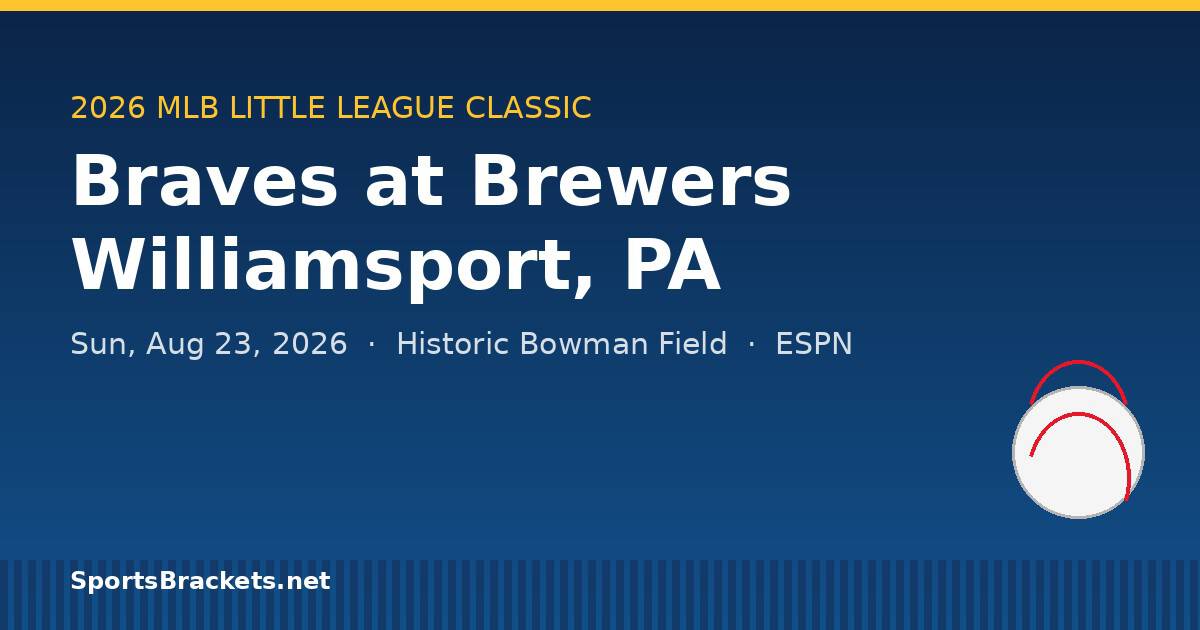 2026 MLB Little League Classic, Braves at Brewers, August 23 in Williamsport on ESPN