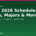 LPGA 2026 Schedule banner: dates, majors, and Solheim Cup with a golf flag and ball on the right.