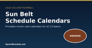 Dark blue gradient banner announcing 2026 Sun Belt schedule calendars with a football graphic on the right and SportsBrackets.net text at the bottom left