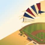 Isometric illustration of a baseball stadium with a green field and colorful pennant banners flying overhead.