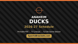 Hero banner advertising Anaheim Ducks 2026-27 Schedule with printable PDF and a SportsBrackets.net button.
