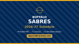 Buffalo Sabres 2026-27 Schedule banner on a diagonally striped navy background with gold accents and a 'SportsBrackets.net' label