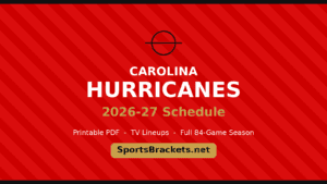 Red diagonal-striped banner reading 'CAROLINA HURRICANES' and '2026-27 Schedule' with a logo above and SportsBrackets.net badge.