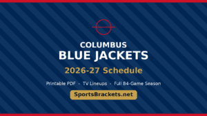 Promotional banner for Columbus Blue Jackets 2026–27 schedule, featuring the team logo, bold white and gold text, and SportsBrackets.net callout.