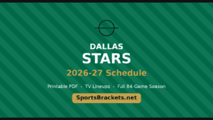 Dallas Stars 2026-27 Schedule graphic with a star logo, bold title on a green striped background and a SportsBrackets.net button.