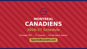 Montreal Canadiens 2026-27 schedule banner with logo, bold CANADIENS, gold 2026-27 Schedule, and SportsBrackets.net button.