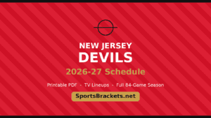 Promotional banner for New Jersey Devils 2026-27 schedule with red diagonal stripes and SportsBrackets.net text
