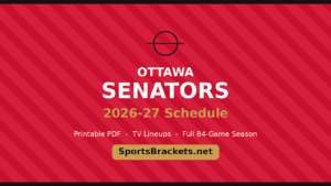 Poster advertising Ottawa Senators 2026-27 schedule on red diagonal-striped background with logo and SportsBrackets.net site