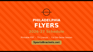 Promotional banner for Philadelphia Flyers 2026-27 schedule on an orange diagonal background with a beige button linking to SportsBrackets.net.