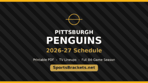 Poster announcing Pittsburgh Penguins 2026-27 Schedule on a diagonal black background with orange borders; features a circle logo, bold 'PITTSBURGH PENGUINS', gold '2026-27 Schedule', and a 'SportsBrackets.net' label.