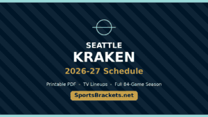 Seattle Kraken 2026–27 Schedule banner on navy diagonal stripes with a light teal border and logo, plus 'SportsBrackets.net' and accompanying notes.