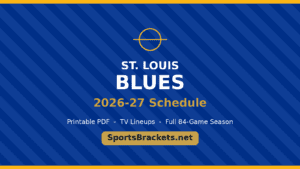 Cover graphic announcing the St. Louis Blues 2026–27 schedule with blue diagonal stripes, yellow accents, and SportsBrackets.net.