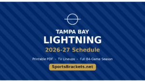 Banner announcing Tampa Bay Lightning 2026–27 Schedule, with the team logo, bold white title and gold subheading on navy diagonal stripes.
