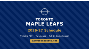 Blue diagonal-striped banner with the Toronto Maple Leafs logo, large 'TORONTO MAPLE LEAFS' text, gold '2026-27 Schedule' phrase, white subtext linking to Printable PDF, TV Lineups, Full 84-Game Season, and a gold badge reading 'SportsBrackets.net'.