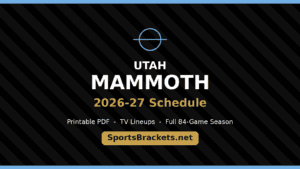 Poster graphic: 'UTAH MAMMOTH' in white, gold '2026-27 Schedule', and 'Printable PDF - TV Lineups - Full 84-Game Season' text, with a gold 'SportsBrackets.net' badge on a diagonal-striped black background.