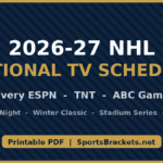 NHL 2026-27 national TV schedule: ESPN, TNT, ABC games; openings, Winter Classic, Stadium Series, All-Star. Printable PDF at SportsBrackets.net