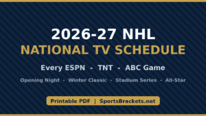 NHL 2026-27 national TV schedule: ESPN, TNT, ABC games; openings, Winter Classic, Stadium Series, All-Star. Printable PDF at SportsBrackets.net