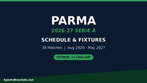 Parma 2026-27 Serie A schedule poster showing opener vs Cagliari.