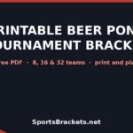 Banner announcing a printable beer pong tournament bracket with a large white title and coral subtitle, SportsBrackets.net at the bottom.