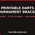 Banner advertising a printable darts tournament bracket with large white title and red accents; mentions free PDF for 8, 16, and 32 players – SportsBrackets.net