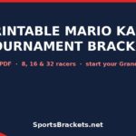 Printable Mario Kart tournament bracket banner with dark blue background and red accents, featuring the site name SportsBrackets.net at bottom.