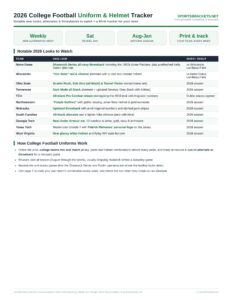 2026 college football uniform and helmet tracker printable with notable alternates and a weekly fill-in grid