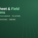 Flag football play sheet with blank field diagrams, wristband play cards, and a roster sheet