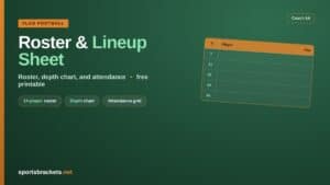 Flag football roster and lineup sheet with a player roster, depth chart, and attendance grid
