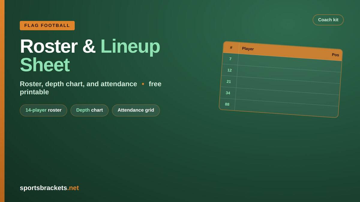 Flag-Football-Roster-Lineup-Sheet - Sports Brackets Flag football roster and lineup sheet with a player roster, depth chart, and attendance grid