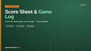 Flag football score sheet with a two-team scoreboard, scoring log, and team stats box