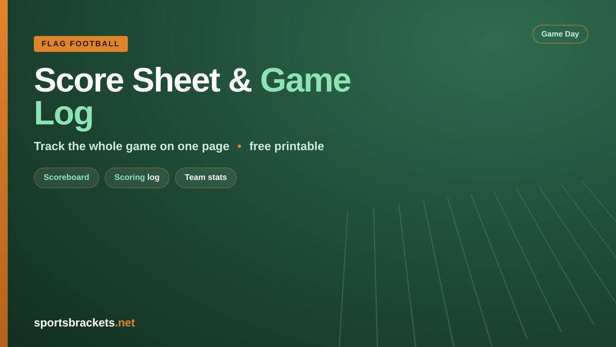 Flag football score sheet with a two-team scoreboard, scoring log, and team stats box