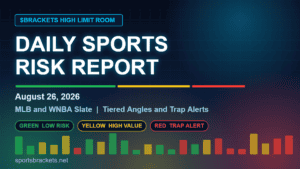 Daily Sports Risk Report for August 26, 2026 covering the MLB and WNBA slate with green, yellow, and red risk tiers