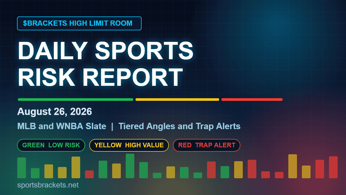Daily Sports Risk Report tier board for August 26, 2026 showing green, yellow, and red risk tiers for the MLB and WNBA slate