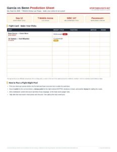 Ryan Garcia vs Conor Benn printable prediction sheet with the September 12 fight card and pick columns
