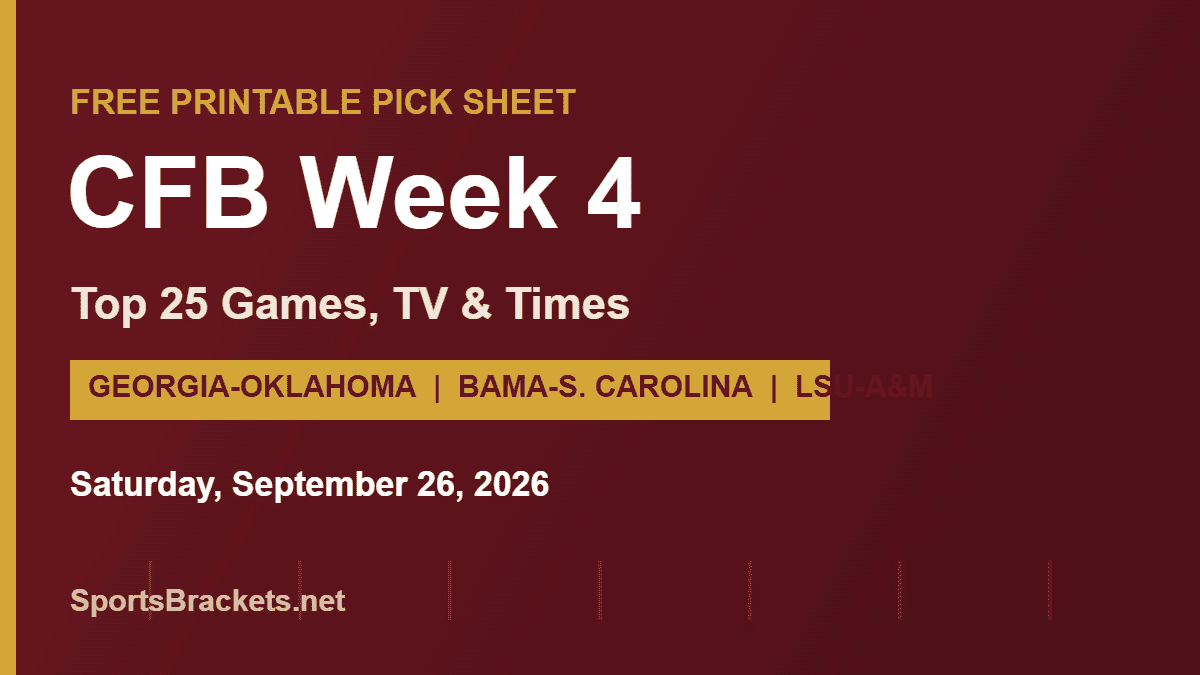 2026 college football Week 4 schedule and TV printable pick sheet
