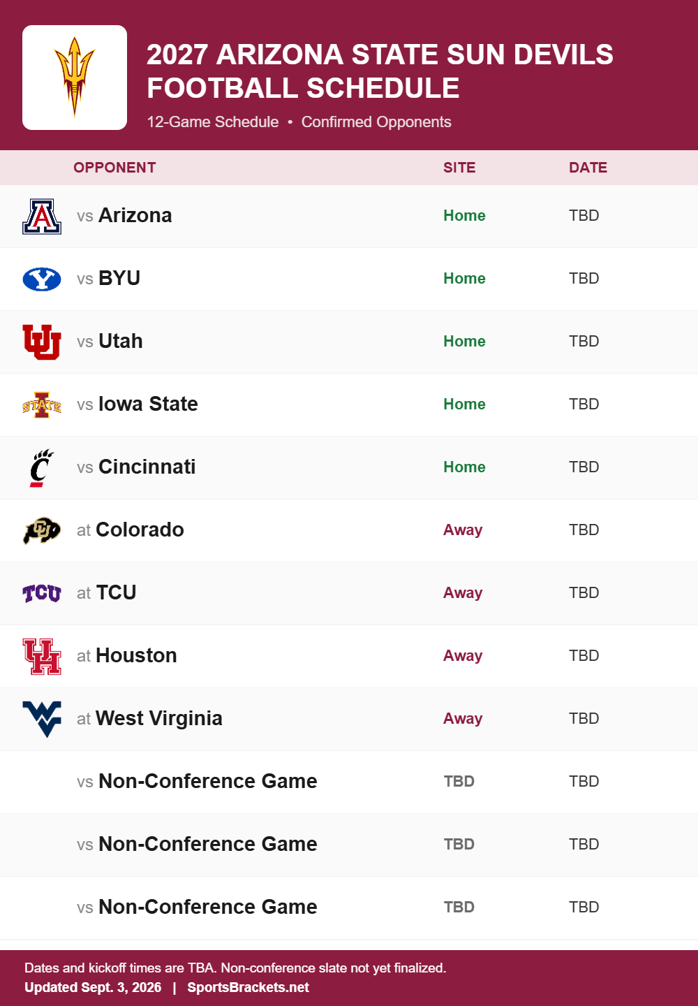 Arizona State printable 2027 football schedule with confirmed opponents