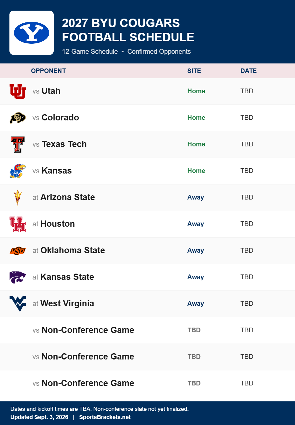 BYU printable 2027 football schedule with confirmed opponents
