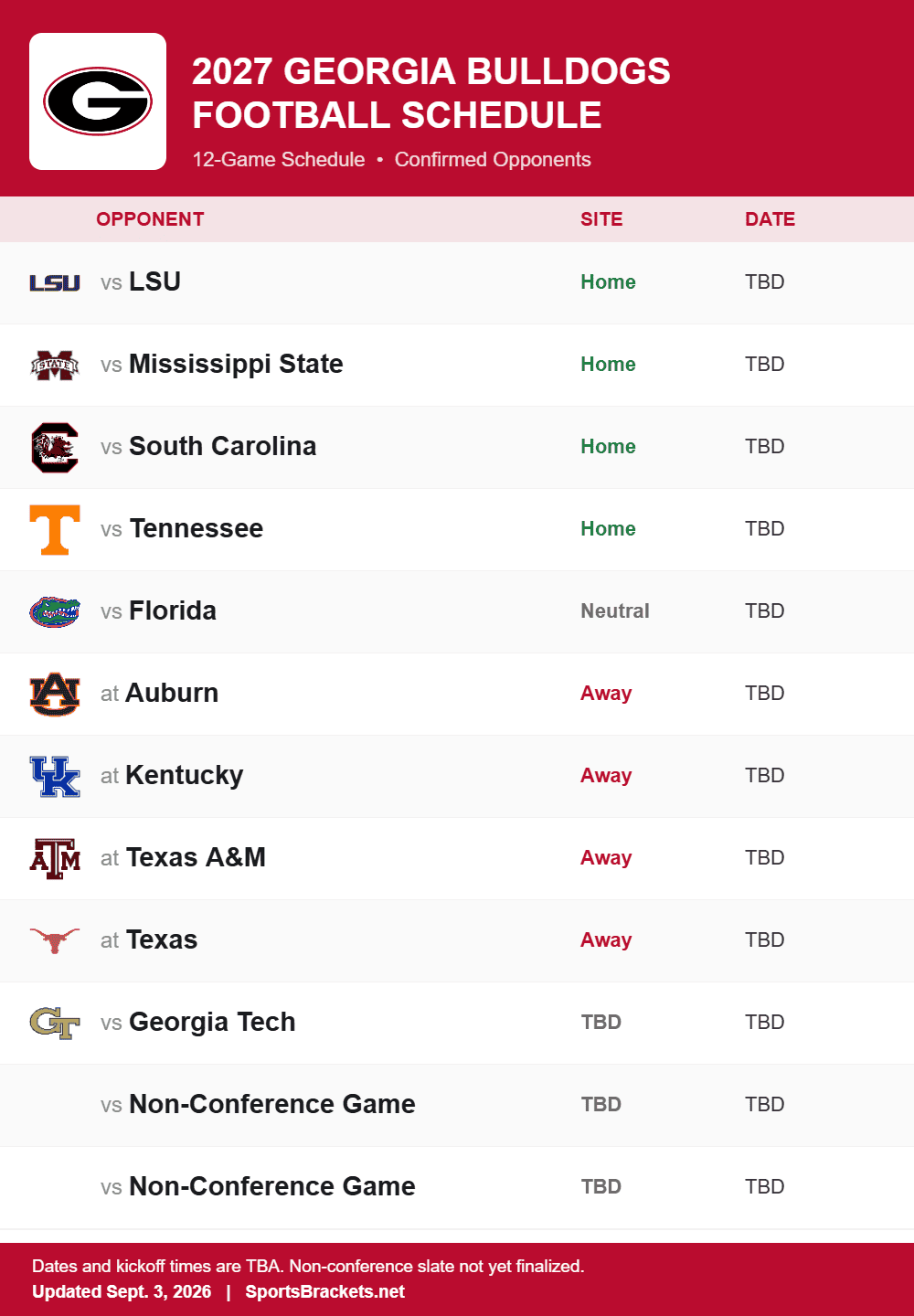 Georgia future football schedule 2027 printable with confirmed opponents