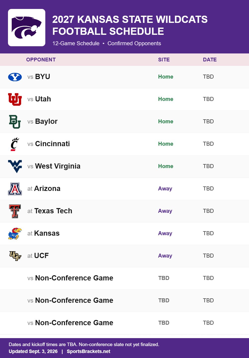 Kansas State printable 2027 football schedule with confirmed opponents