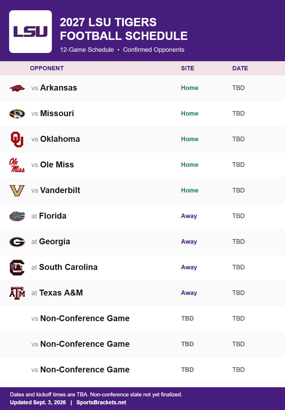 LSU future football schedule 2027 printable with confirmed opponents