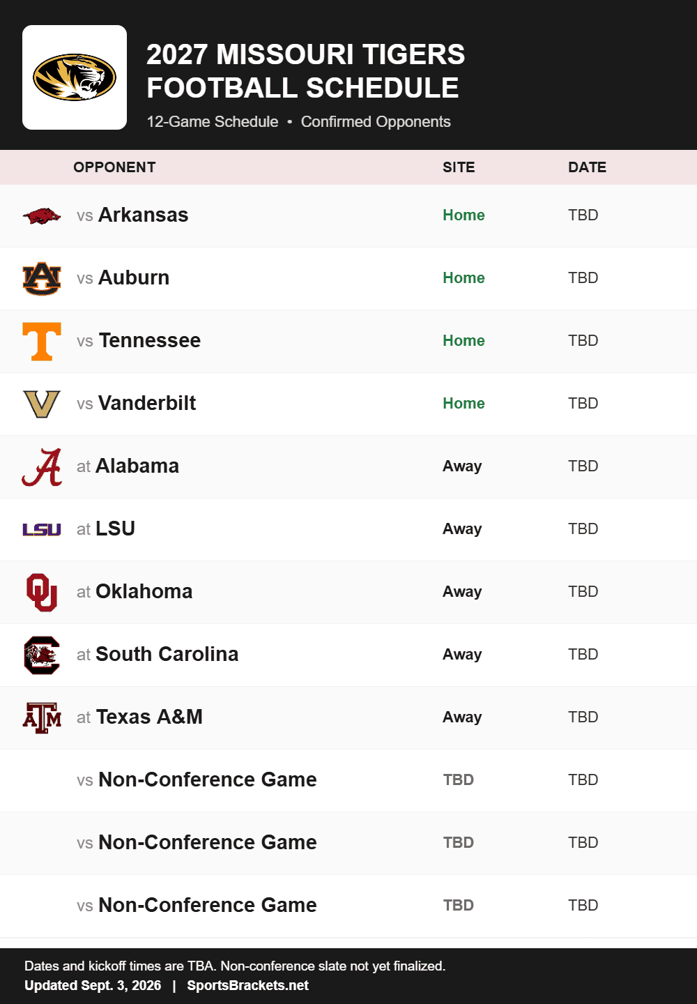 Missouri future football schedule 2027 printable with confirmed opponents